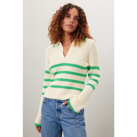 Central Park West Clementine Cream Green Striped Knit Polo Knit Sweater M - Picture 1 of 12